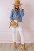 Solid Denim Ruffled Detail Southern Belle Blouse