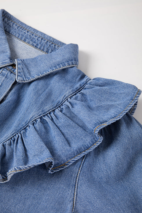Solid Denim Ruffled Detail Southern Belle Blouse
