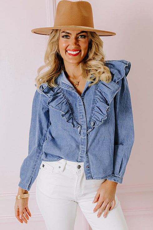 Solid Denim Ruffled Detail Southern Belle Blouse