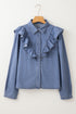 Solid Denim Ruffled Detail Southern Belle Blouse