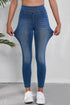 Solid Denim Skinny Elastic Mid Waist Pocket Ankle Leggings