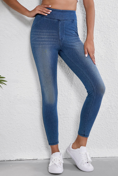 Solid Denim Skinny Elastic Mid Waist Pocket Ankle Leggings