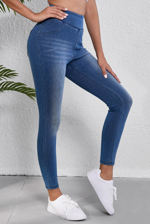 Solid Denim Skinny Elastic Mid Waist Pocket Ankle Leggings