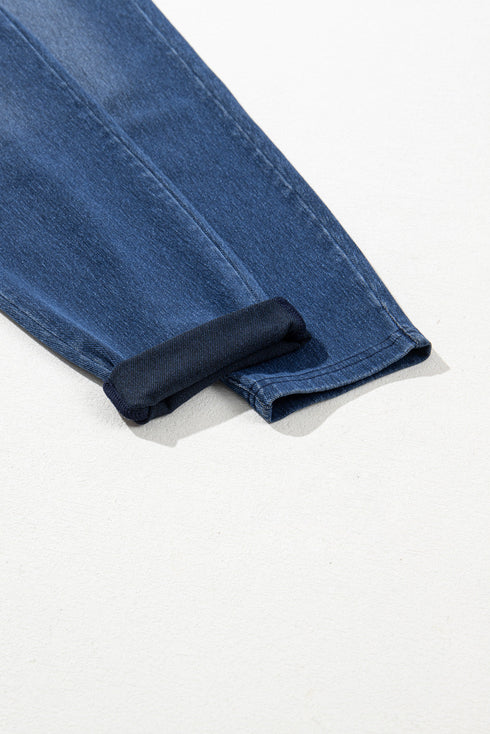 Solid Denim Skinny Elastic Mid Waist Pocket Ankle Leggings