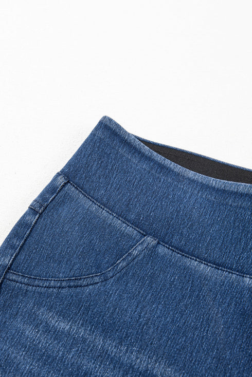 Solid Denim Skinny Elastic Mid Waist Pocket Ankle Leggings