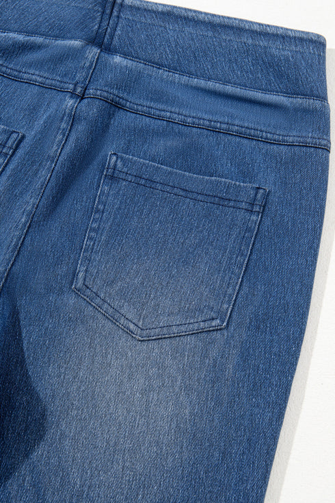 Solid Denim Skinny Elastic Mid Waist Pocket Ankle Leggings