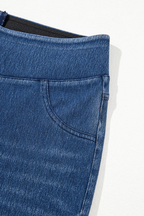 Solid Denim Skinny Elastic Mid Waist Pocket Ankle Leggings