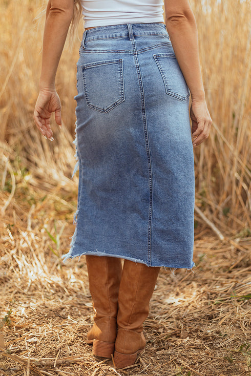 Solid Distressed Irregular Hem Stretch Denim Midi Skirt
