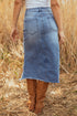 Solid Distressed Irregular Hem Stretch Denim Midi Skirt