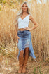 Solid Distressed Irregular Hem Stretch Denim Midi Skirt