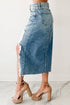 Solid Distressed Irregular Hem Stretch Denim Midi Skirt