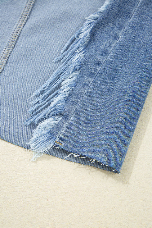 Solid Distressed Irregular Hem Stretch Denim Midi Skirt