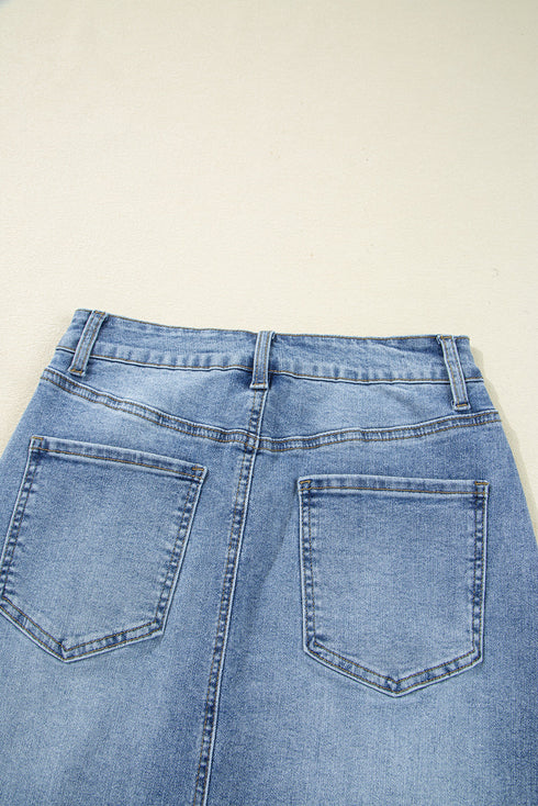 Solid Distressed Irregular Hem Stretch Denim Midi Skirt