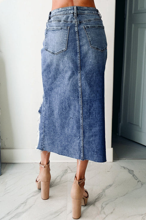 Solid Distressed Irregular Hem Stretch Denim Midi Skirt