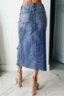 Solid Distressed Irregular Hem Stretch Denim Midi Skirt