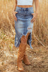 Solid Distressed Irregular Hem Stretch Denim Midi Skirt