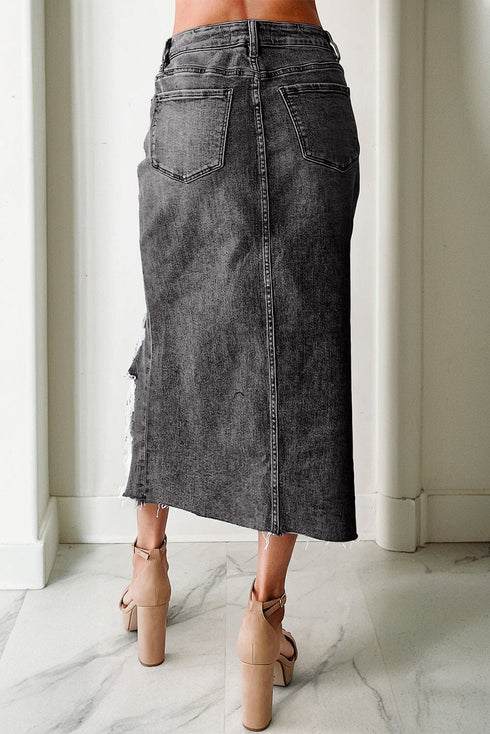 Solid Distressed Irregular Hem Stretch Denim Midi Skirt