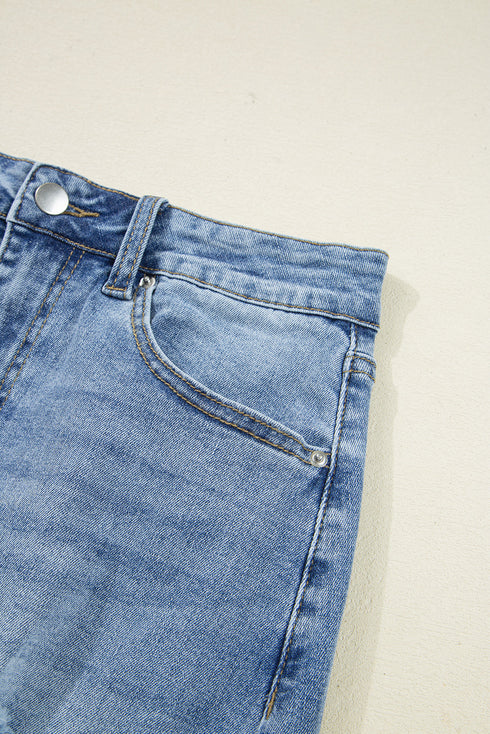 Solid Distressed Irregular Hem Stretch Denim Midi Skirt
