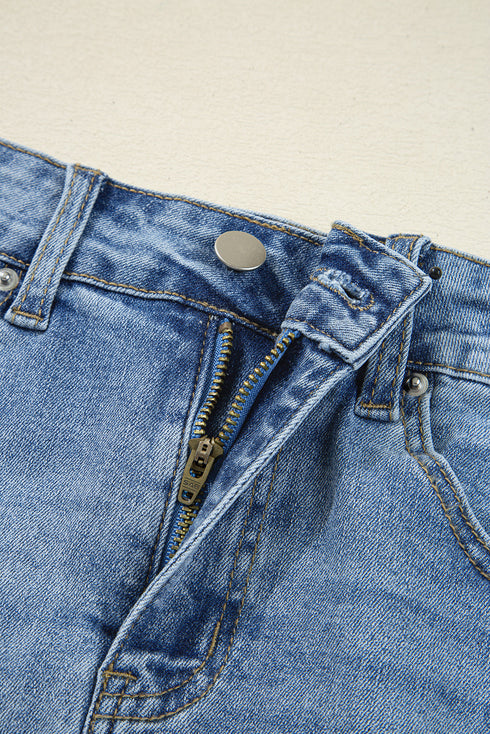 Solid Distressed Irregular Hem Stretch Denim Midi Skirt