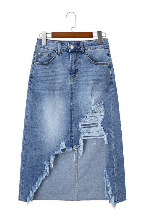 Solid Distressed Irregular Hem Stretch Denim Midi Skirt