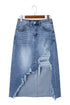 Solid Distressed Irregular Hem Stretch Denim Midi Skirt
