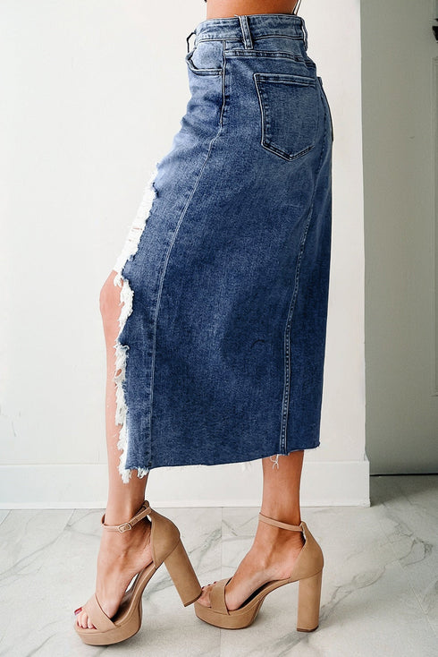 Solid Distressed Irregular Hem Stretch Denim Midi Skirt