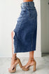 Solid Distressed Irregular Hem Stretch Denim Midi Skirt