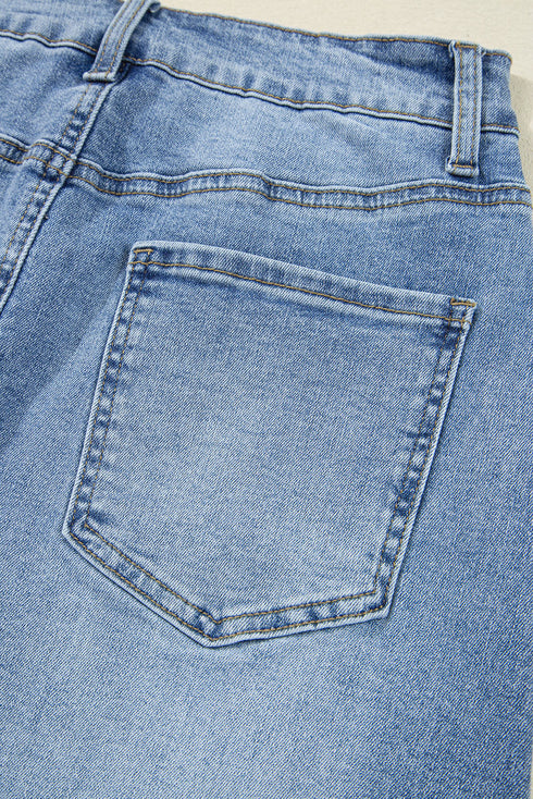 Solid Distressed Irregular Hem Stretch Denim Midi Skirt