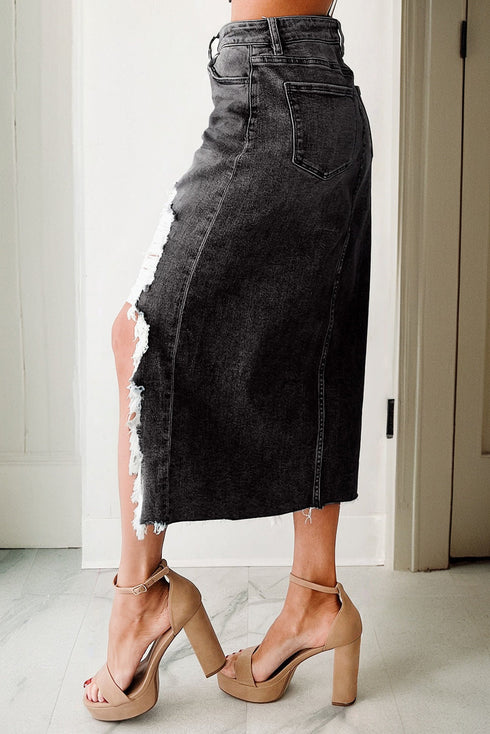 Solid Distressed Irregular Hem Stretch Denim Midi Skirt