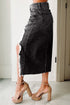 Solid Distressed Irregular Hem Stretch Denim Midi Skirt