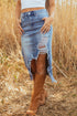 Solid Distressed Irregular Hem Stretch Denim Midi Skirt