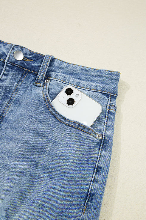 Solid Distressed Irregular Hem Stretch Denim Midi Skirt