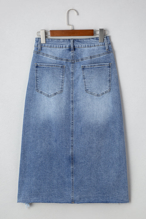 Solid Distressed Irregular Hem Stretch Denim Midi Skirt