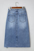Solid Distressed Irregular Hem Stretch Denim Midi Skirt