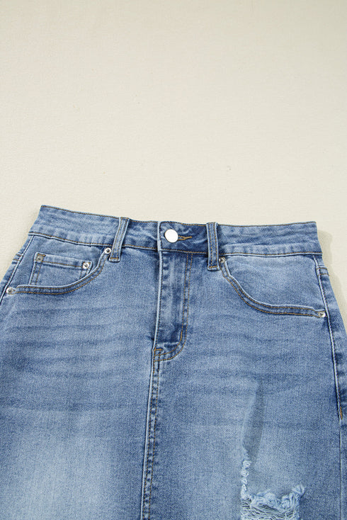Solid Distressed Irregular Hem Stretch Denim Midi Skirt