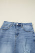Solid Distressed Irregular Hem Stretch Denim Midi Skirt