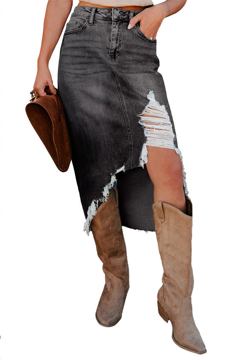 Solid Distressed Irregular Hem Stretch Denim Midi Skirt