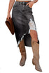 Solid Distressed Irregular Hem Stretch Denim Midi Skirt