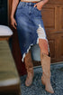 Solid Distressed Irregular Hem Stretch Denim Midi Skirt