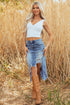 Solid Distressed Irregular Hem Stretch Denim Midi Skirt