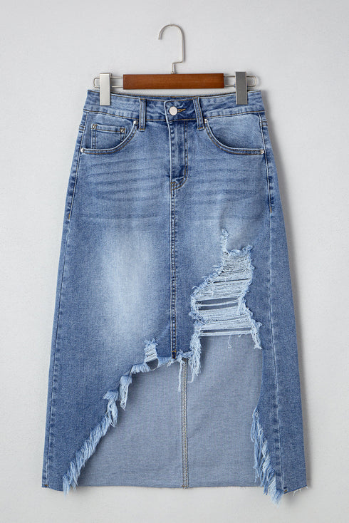 Solid Distressed Irregular Hem Stretch Denim Midi Skirt