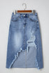 Solid Distressed Irregular Hem Stretch Denim Midi Skirt