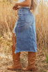 Solid Distressed Irregular Hem Stretch Denim Midi Skirt
