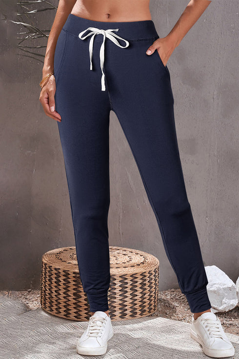 Solid Drawstring Elastic Waistband Pocketed Jogger Pants