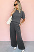 Solid Drawstring Side Crewneck Wide Leg Pant Set