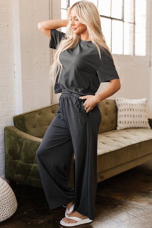 Solid Drawstring Side Crewneck Wide Leg Pant Set