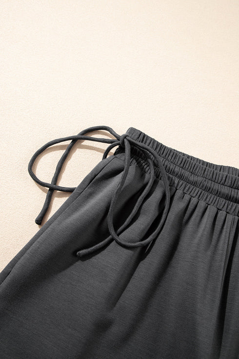 Solid Drawstring Side Crewneck Wide Leg Pant Set