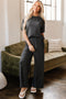 Solid Drawstring Side Crewneck Wide Leg Pant Set