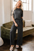 Solid Drawstring Side Crewneck Wide Leg Pant Set