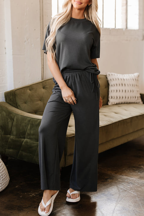Solid Drawstring Side Crewneck Wide Leg Pant Set